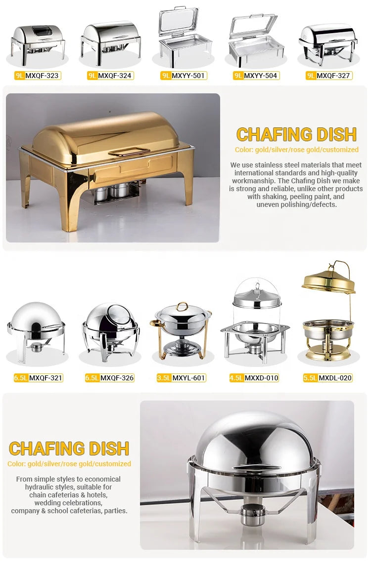 Luxury Stainless Steel Chafing Dish Set – Gold Hydraulic Food Warmer for Buffet Catering