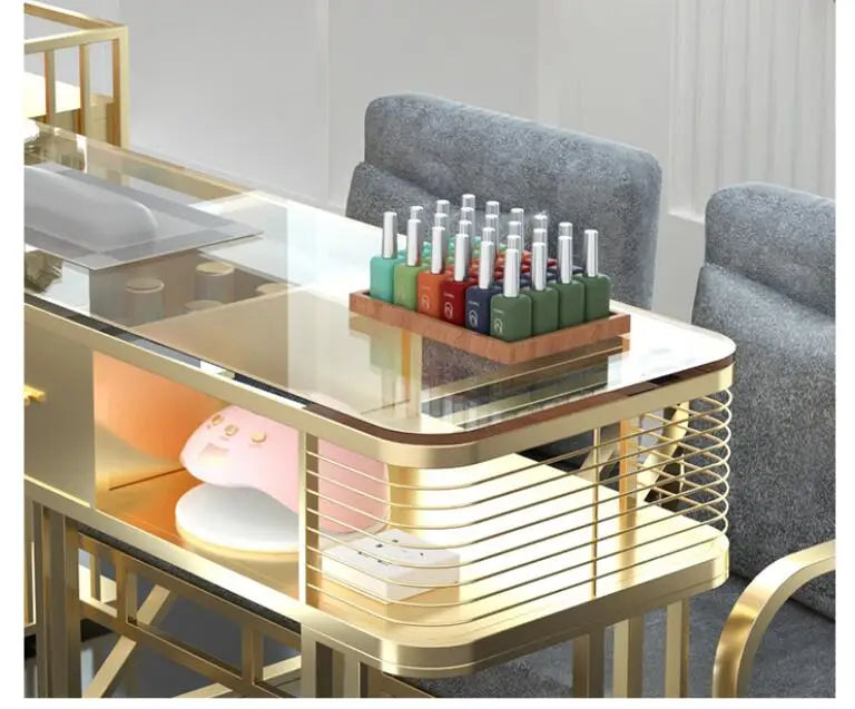 New high-end manicure table and chair set, glass marble table top, single, double and triple manicure table,