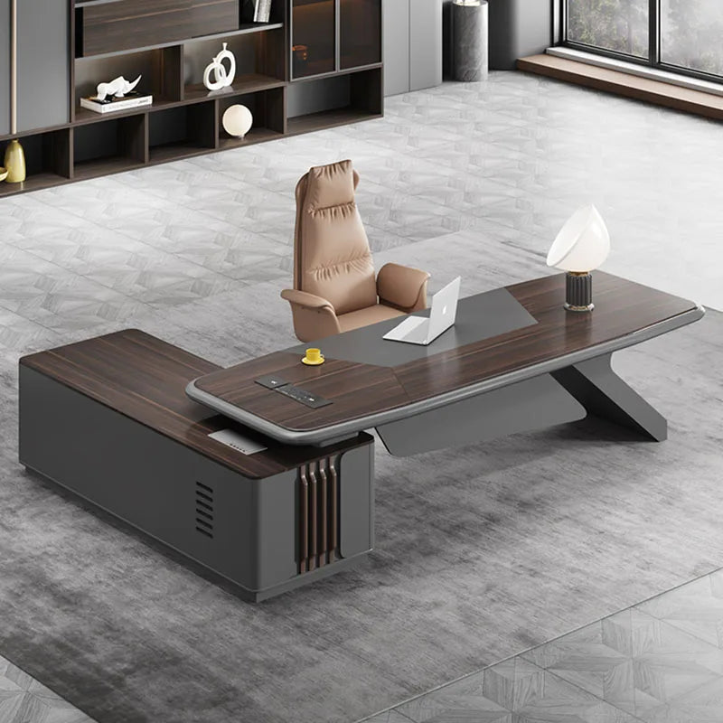 Modern L-shaped standing office desk with wooden drawers