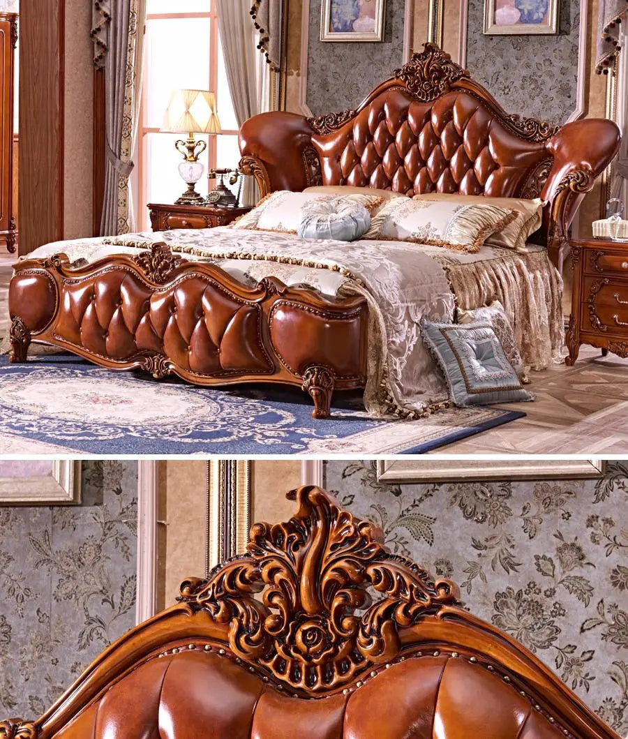 ProCARE Classical european style carved leather bed set,Luxury bedroom furniture wooden bed frame king size