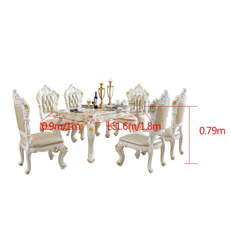 European-style White Gold-painted Solid Wood  Pink Dragon Jade Marble Long Leather Dining Chair  Diningroom Furniture