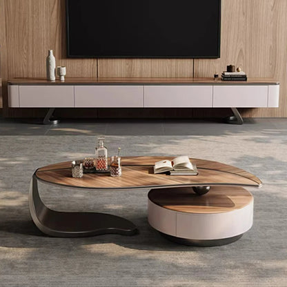 Minimalist Modern Designer Leaf Shape Tea Table Design Irregular Walnut Wooden Coffee Table and Tv Stand Set for Living Room