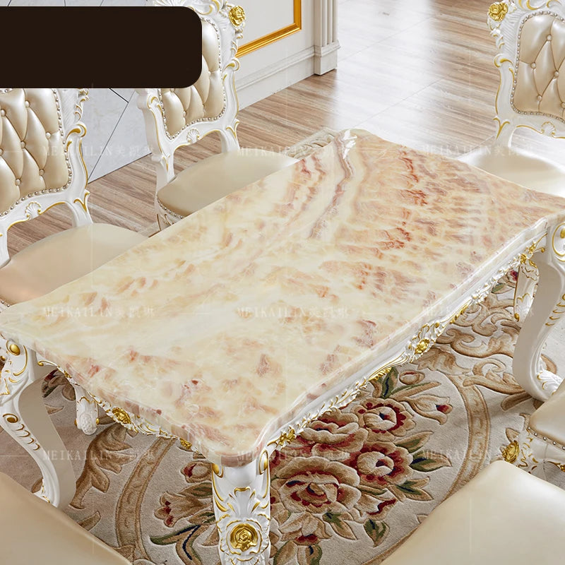 European-style White Gold-painted Solid Wood  Pink Dragon Jade Marble Long Leather Dining Chair  Diningroom Furniture