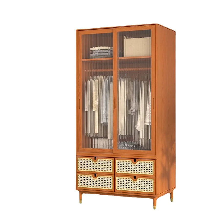 Solid wood double-door wardrobe bedroom storage lockers household sliding door rattan wardrobe simple