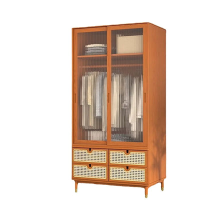 Solid wood double-door wardrobe bedroom storage lockers household sliding door rattan wardrobe simple