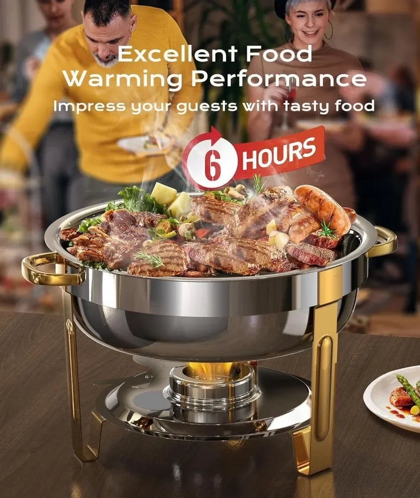 4-Pack 5QT Chafing Dishes for Buffet – Round Buffet Set in Elegant Gold and Silver, Easy Assembly.