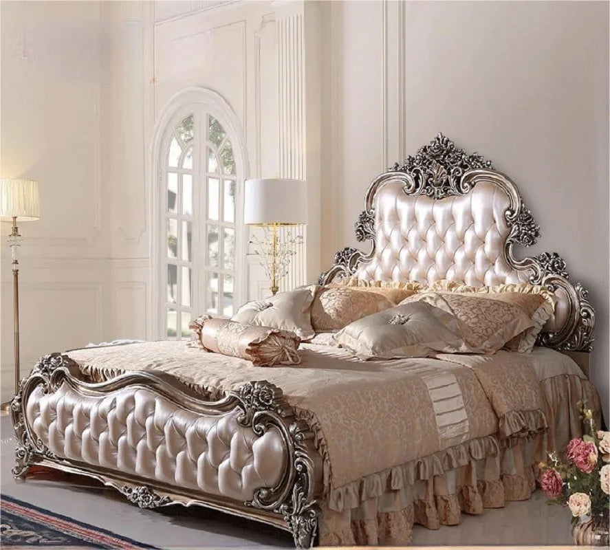 French Baroque leather double bed 1.8M luxury European solid wood master bedroom king bed neoclassical wedding bed