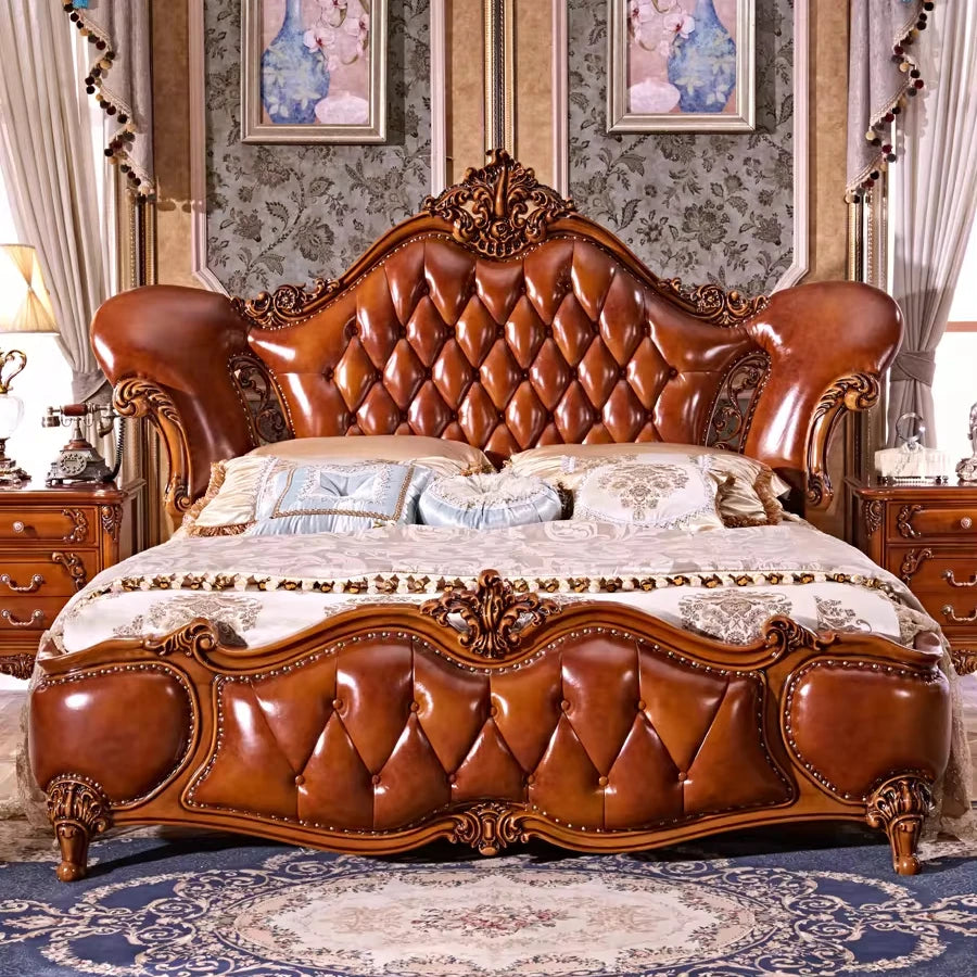ProCARE Classical european style carved leather bed set,Luxury bedroom furniture wooden bed frame king size