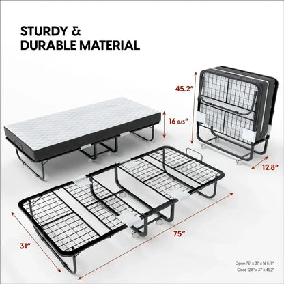 Folding Bed with 5-inch Memory Foam Mattress – Portable, 75x31 Size, for Guests