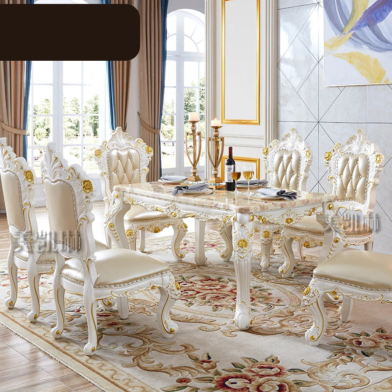 European-style White Gold-painted Solid Wood Pink Dragon Jade Marble Long Leather Dining Chair Diningroom Furniture