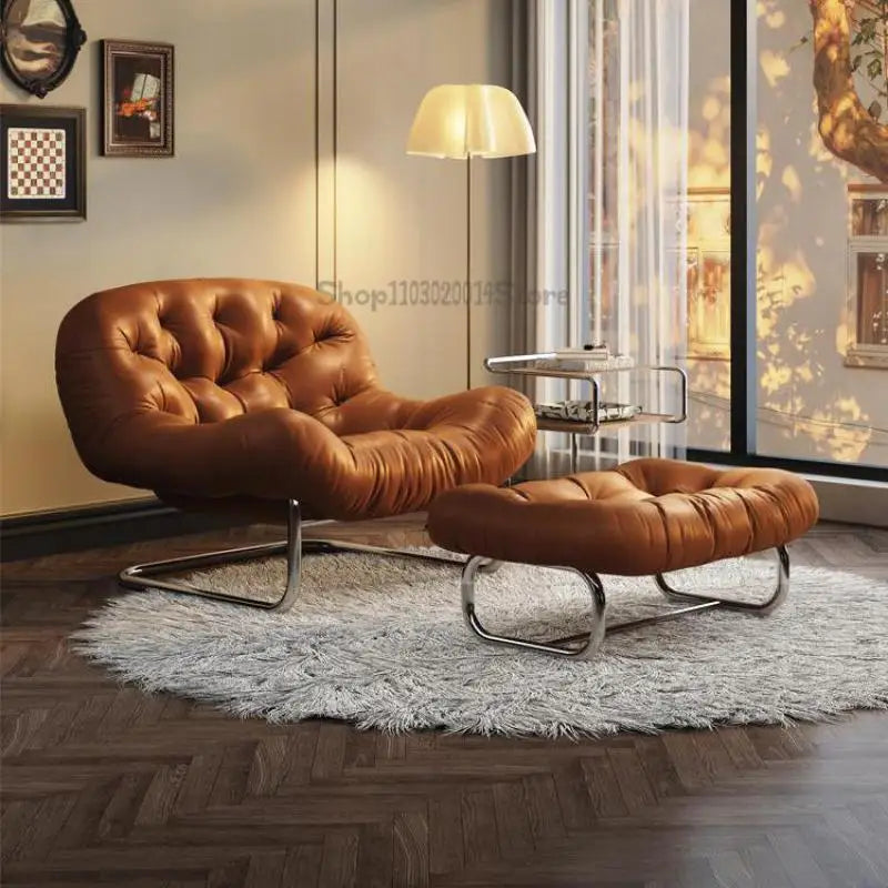 Designer Retro Italian Chair – Antique-Style Real Cowhide Lazy Recliner