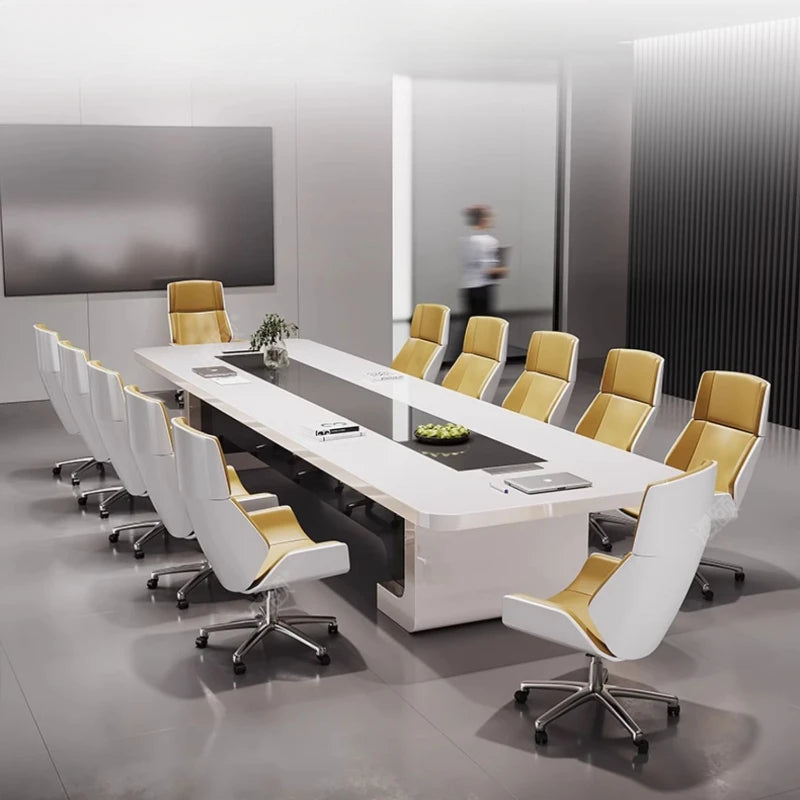 Large scale office creativity with combination of painted conference tables and chairs