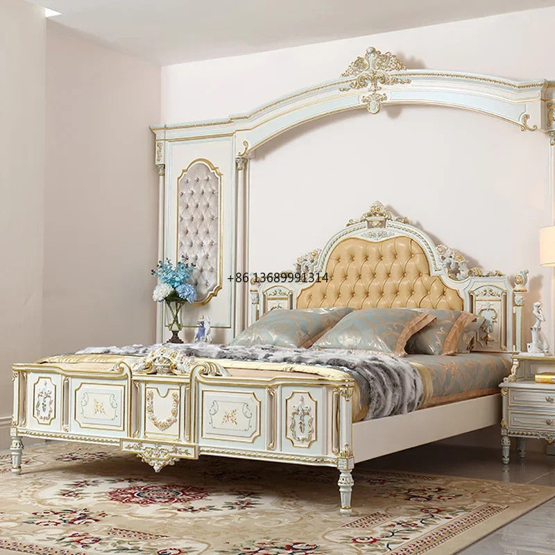 Rococo Double King Bed: Solid Wood with Carved Details and Crack Paint Finish