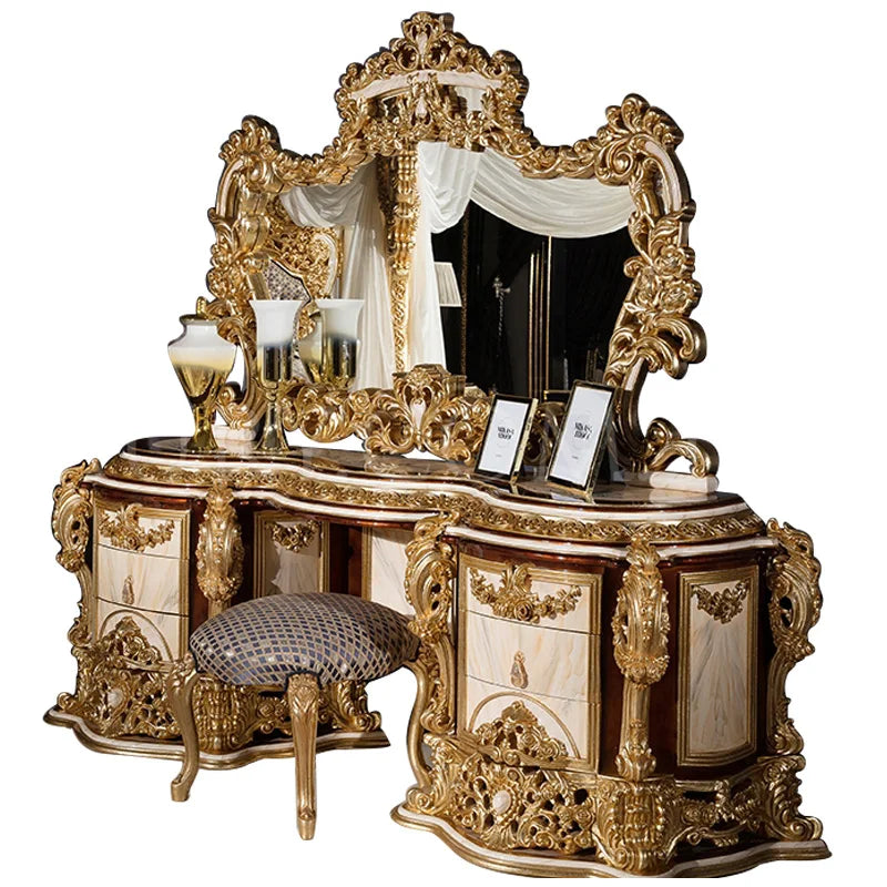 European solid wood carving bedroom vanity mirror bench combination villa makeup table luxury solid wood bed