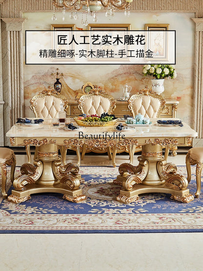 European-Style Marble Rectangular Dining Table Set: Solid Wood Carved, Large Table with Golden Accents.