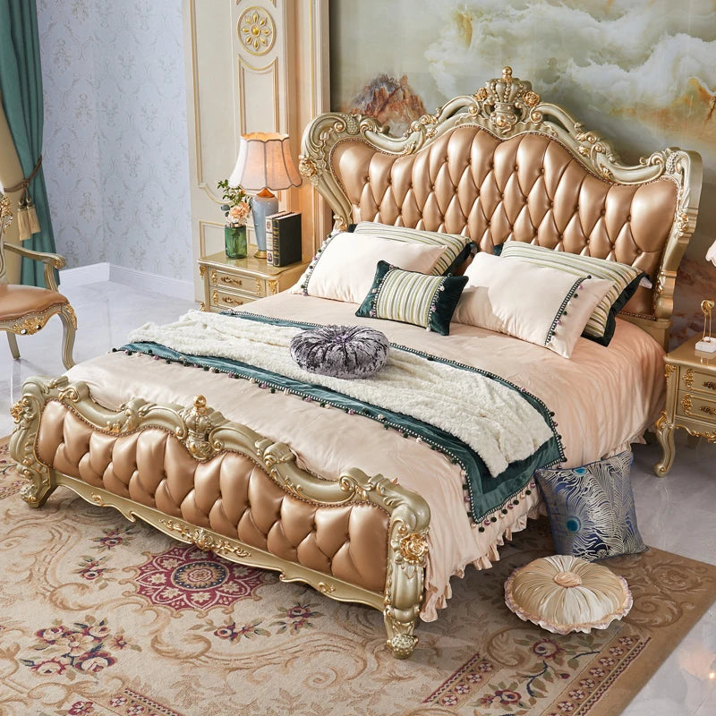 European Style Solid Wood King Bed: 1.8m Double Head with Layered Cowhide and Oak Carvings—Ideal for Master Bedrooms and Weddings.