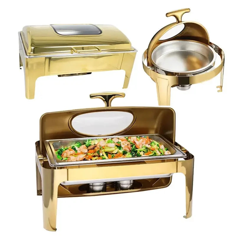Large stainless steel high quality wedding party luxury glass buffet server food warmer chaffing serving chafing dish