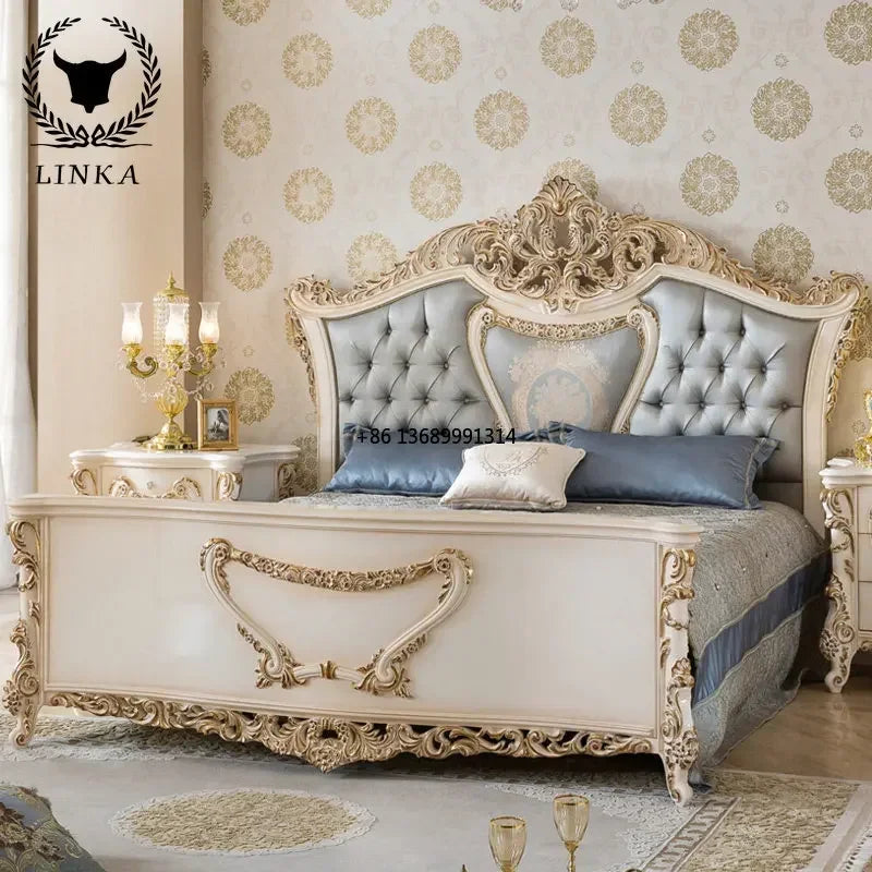 European-Style Custom-Made Solid Wood Upholstered Bed