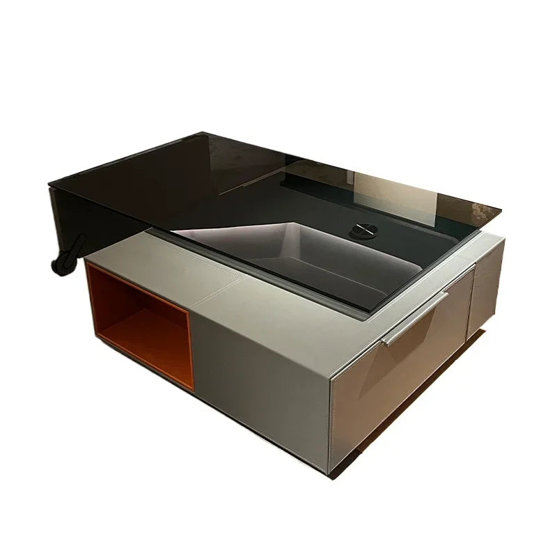 Italian Minimalist Saddle Leather 360° Rotating Glass Coffee Table – High-End, Light Luxury