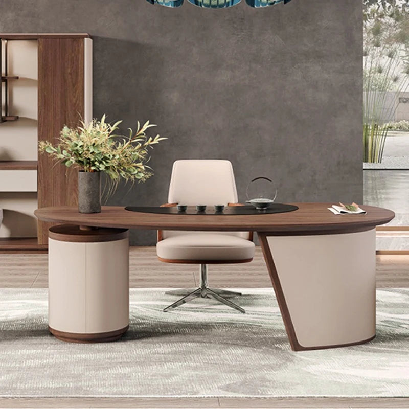 Minimalist corner office desk with writing and storage