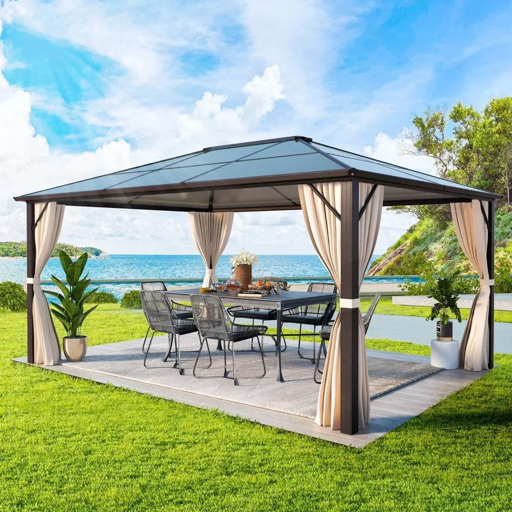 Outdoors Tents,10x12 Hardtop Gazebo,Aluminum Frame Permanent Pavilion with Curtains and Netting,Sunshade , Outdoors Gardens Tent