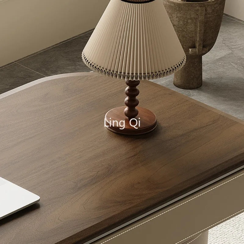 Study Designer Desk Minimalist Upscale Computer Walnut Veneer Saddle Skin Retro Home Corner Modern Writing Solid Wood Luxury Low