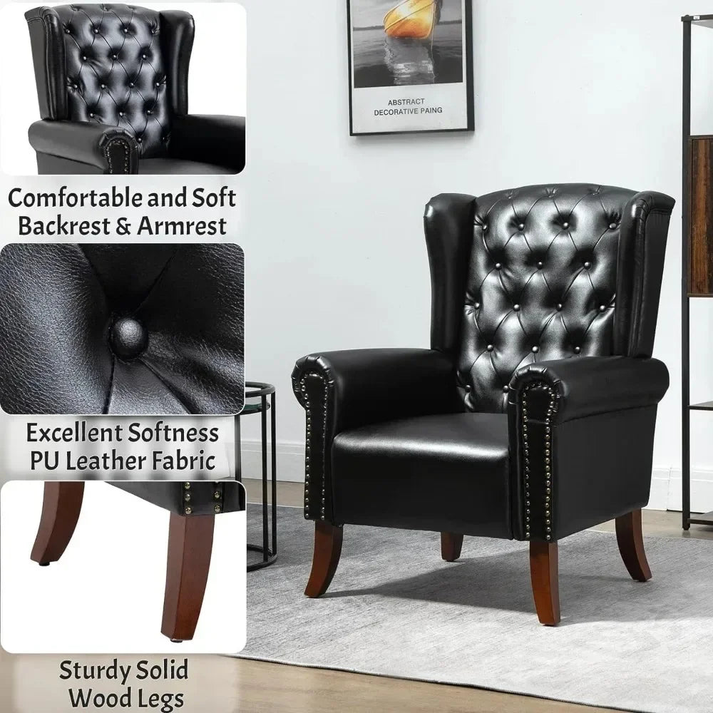 Modern PU Leather Accent Chair, Living Room Single Sofa Chair, Upholstered Arm Chair with Tufted Button Wingback , Silla