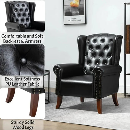 Modern PU Leather Accent Chair, Living Room Single Sofa Chair, Upholstered Arm Chair with Tufted Button Wingback , Silla