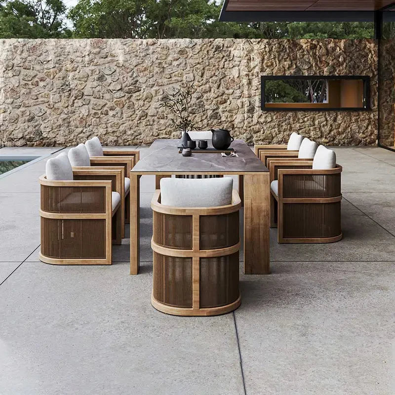 Outdoor Dining Table Woven Teak Table And Chairs Set Modern Solid Wood Anti-corrosion Waterproof High Grade Furniture