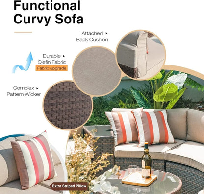 Outdoor Sectional Set 11-Piece Half Moon Patio Furniture Brown Wicker Sofa Beige Cushions with 4 Side Table and 4 Pillows