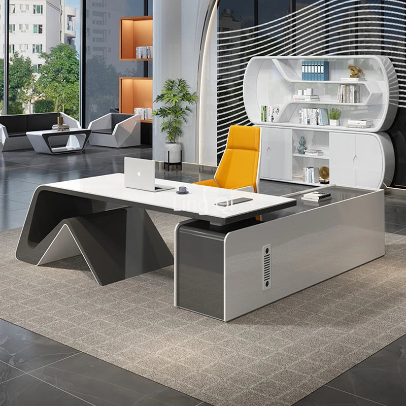Designer modern office desk—L-shaped executive organizer,