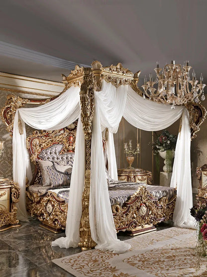 Wood Carved Palace Luxury Canopy Bed Villa Princess Bed