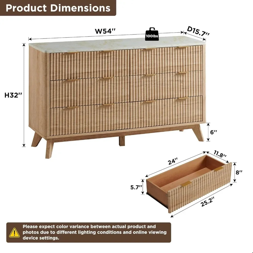 Fluted 6 , 54&quot; Wide Modern Chest of Drawers with Faux Marble Top, Curved Profile Design,  Wood Drawer Natural Oak