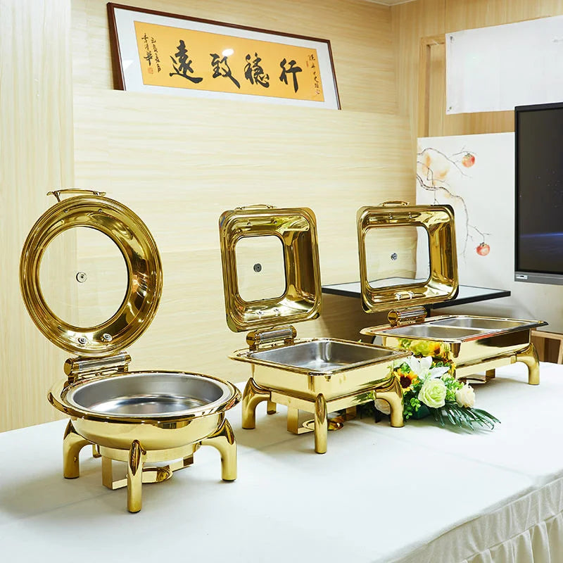 Luxury Food Warmer Stainless Steel Catering Roll Top chafing Dish Buffet Set Golden Glass  Chaffing Dishes For Restaurant
