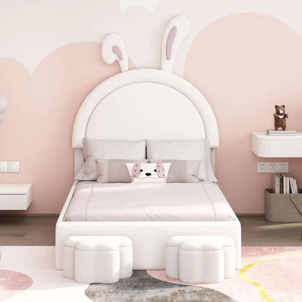 Upholstered Rabbit-Shape Bed with 2 Storage Stools, Velvet Platform Bed with Cartoon Ears Shaped Headboard, White Beds
