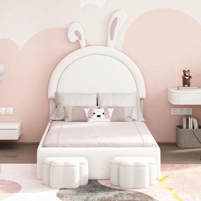 Upholstered Rabbit-Shape Bed with 2 Storage Stools, Velvet Platform Bed with Cartoon Ears Shaped Headboard, White Beds
