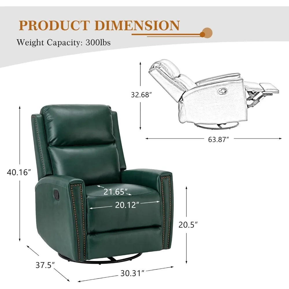 Modern home theater lounge leather swivel arm lounge chair, manual glider lounge chair with adjustable backrest and footstool