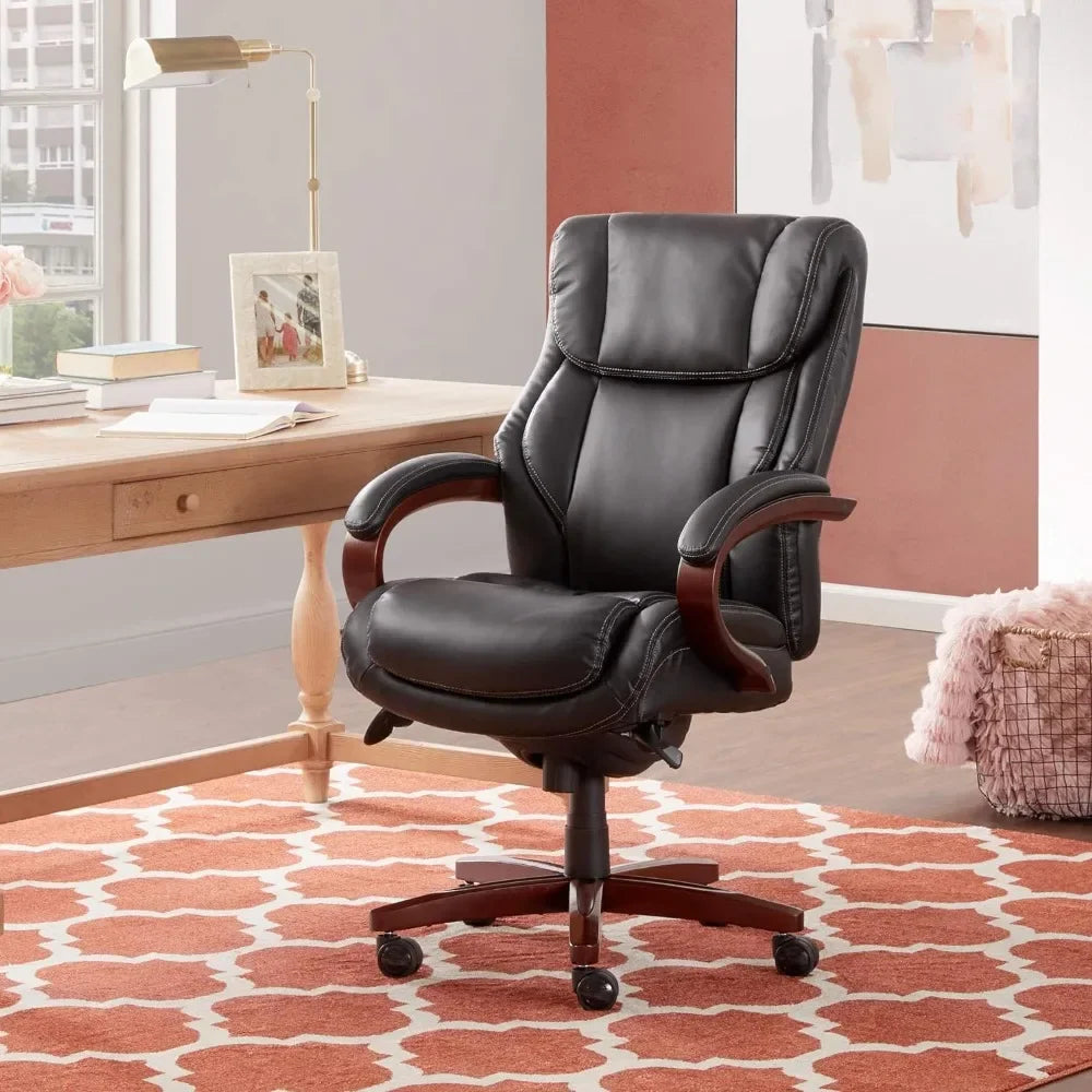 Executive office chair ergonomic with memory foam cushions, solid wood armrests and base, waterfall bridging, Bon, black