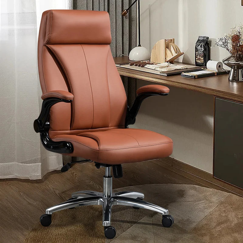 Luxury swivel office chair with extension cushion, ergonomic design, and wheels