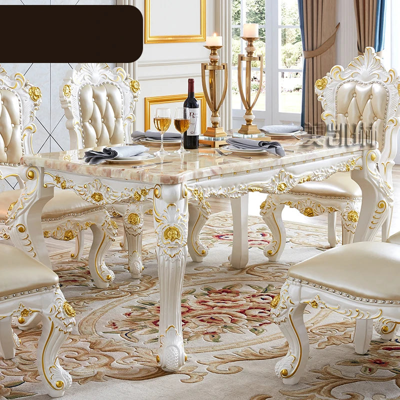 European-style White Gold-painted Solid Wood  Pink Dragon Jade Marble Long Leather Dining Chair  Diningroom Furniture