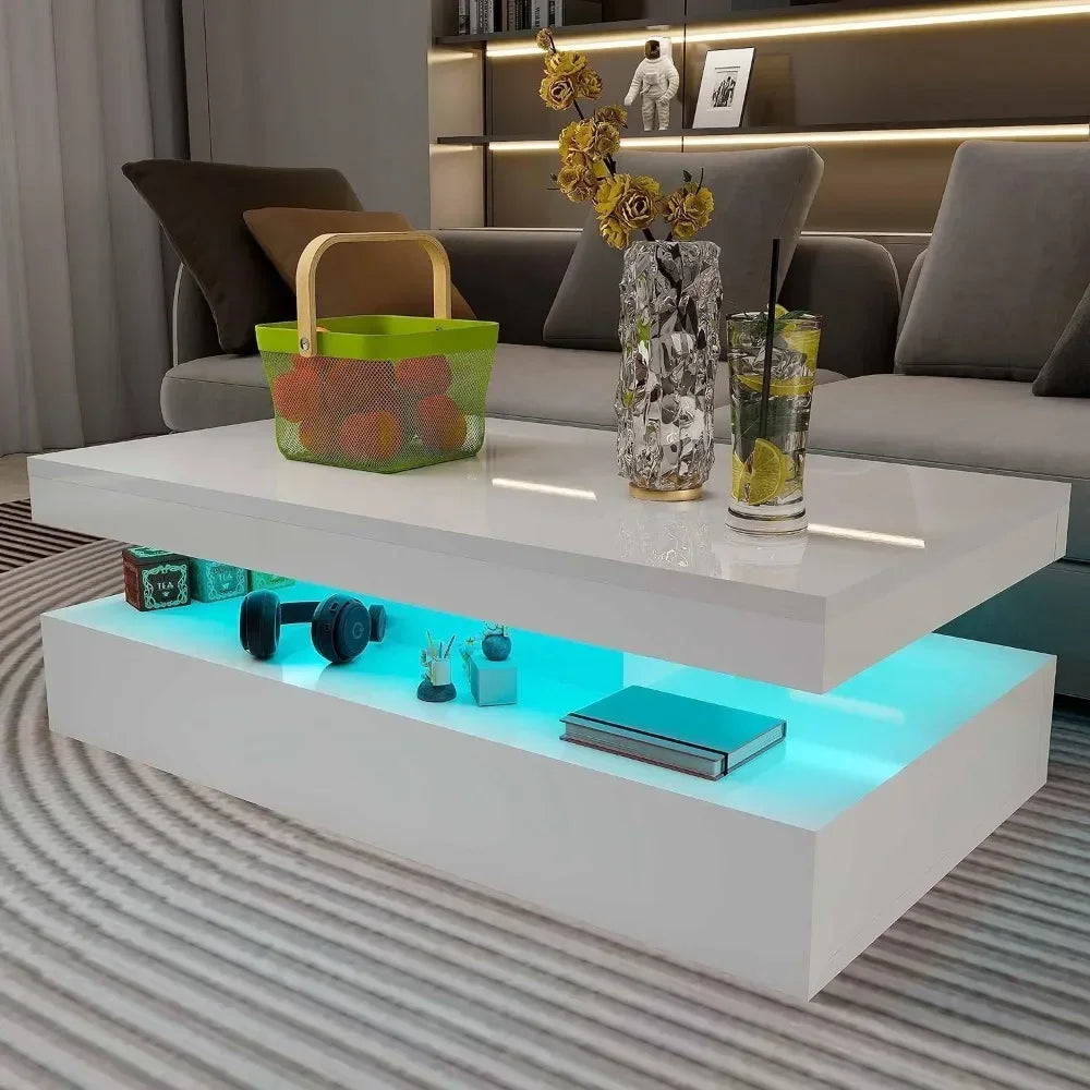 Modern green coffee table with high gloss finish and RGB LED lighting