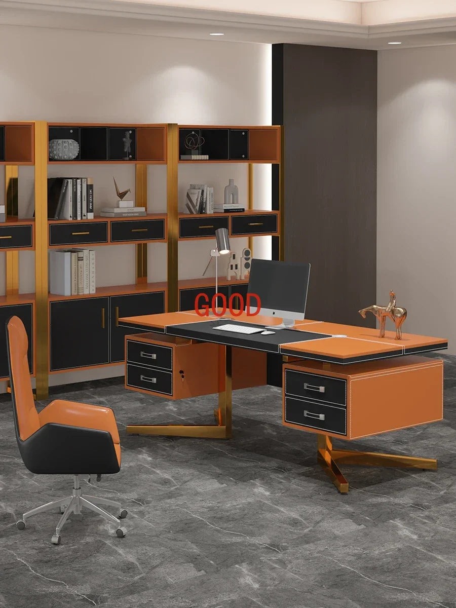 Luxury Modern Minimalist Desk Study Home Saddle Leather Designer Writing Desk Computer Mesa De Escritorio Office Furniture KMOD