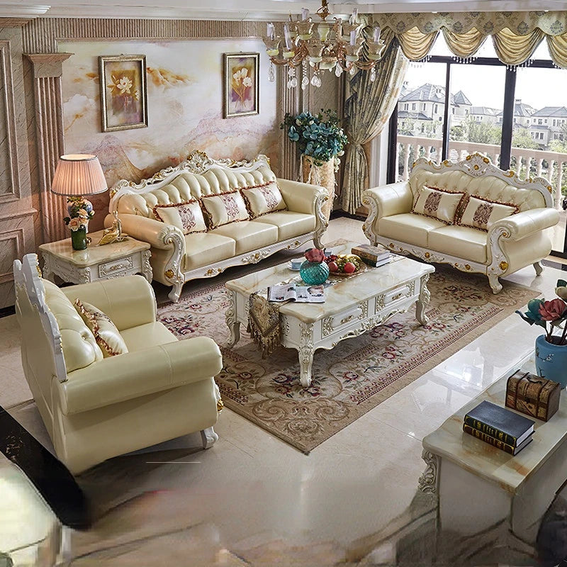 Luxury Ivory White Leather Sofa Set with Oak Carving