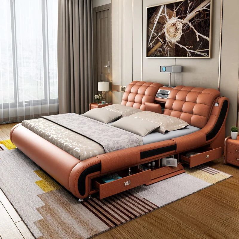 Multifunctional Bed Tech Smart Beds Ultimate Camas TATAMI Massage Lit Genuine Leather Bed with Audio,Projector, Air Purifier
