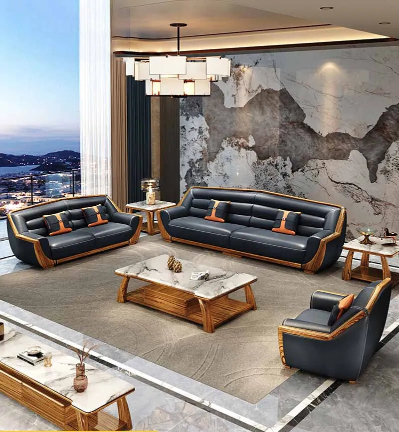 New Chinese style genuine leather art sofa, solid wood, modern and simple high-end living room, large unit villa 124 combination