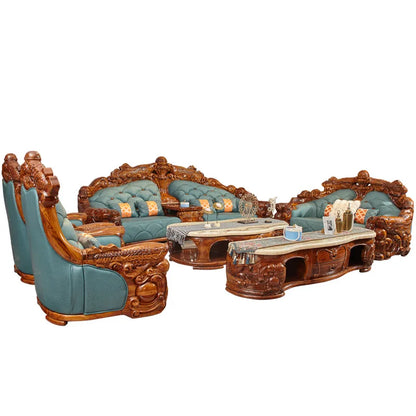 Style Genuine Cattlehide Leather Surface All Solid Wood Carved Villa Large and Small Apartment Type Living Room Set Furniture