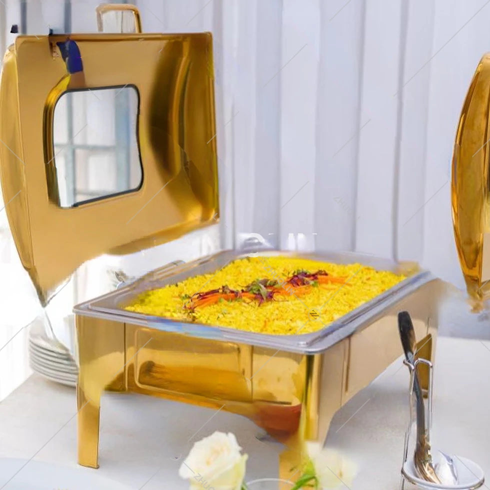 Hotel resort catering food golden round roll up chaffing dishes flip cover visible yellow gold roll top chafing dish buffet