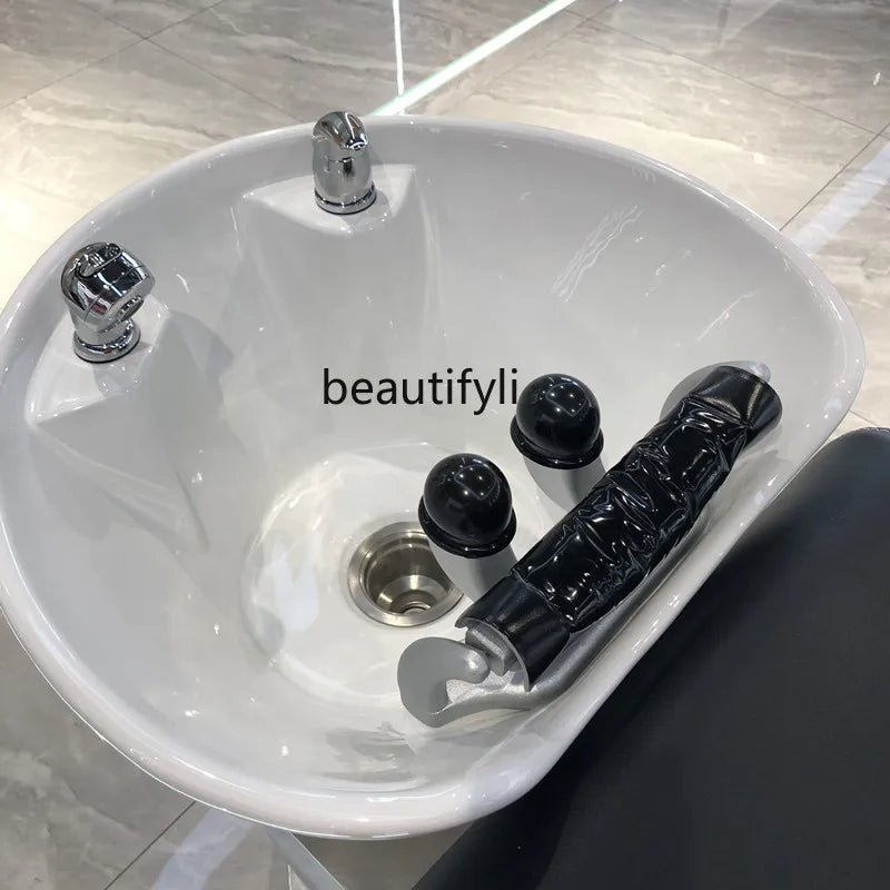 Hair Salon Lying Half Shampoo Flushing Bed for Hair Salon Barber Shop Stainless Steel Ceramic Basin