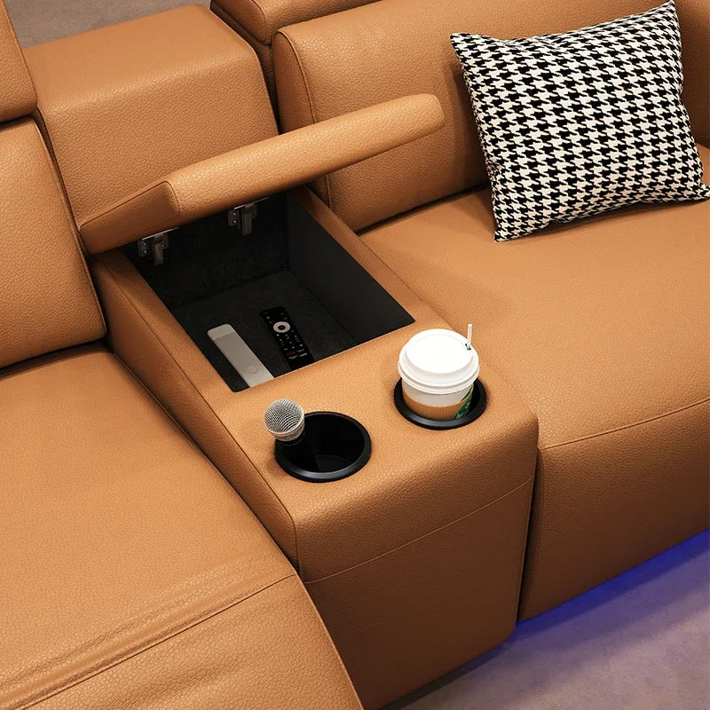 Private Home Theater Sofa Italian Style Light Luxury Leather Sofa Straight Row Space Functional Cabin Electric Sofa
