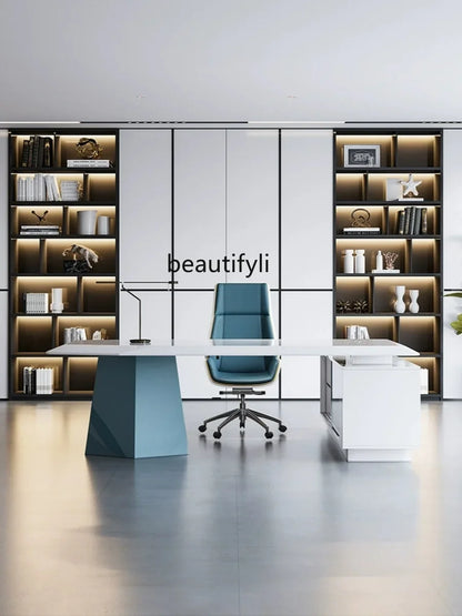 Simple Modern Light Luxury Office Desk – White Executive Desk for Bosses